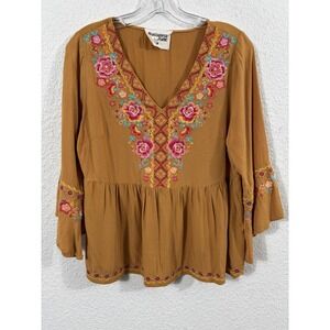 Savanna Jane Blouse Womens Medium Brown Embroidered Boho Peasant Top Rayon